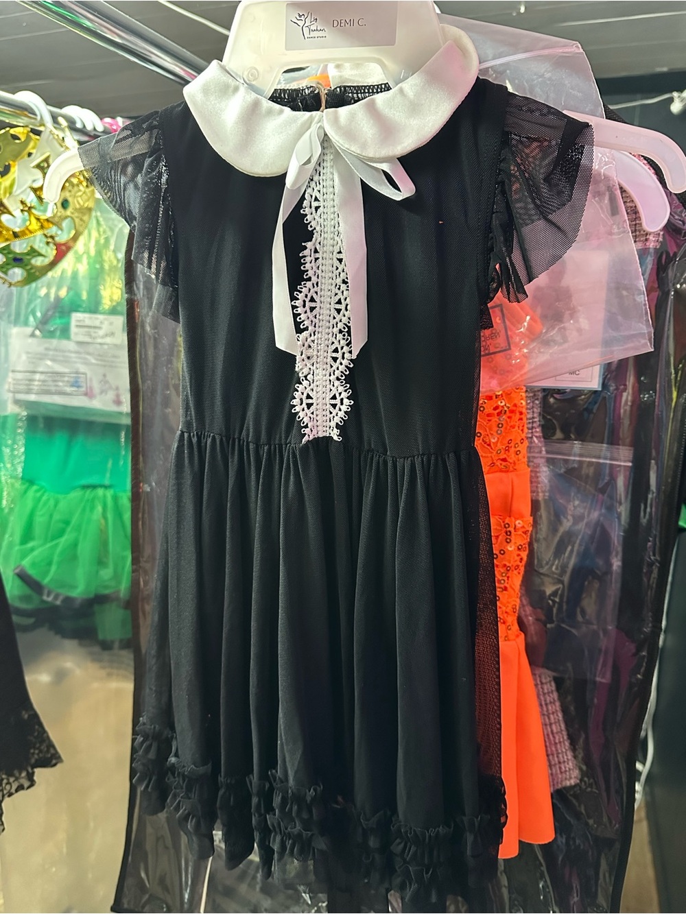 Kids Black Lace-Trim Costume Dress with White Collar